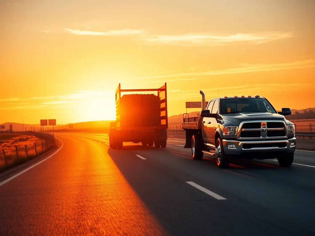 Dually pickup pulling a loaded gooseneck flatbed trailer down an open highway at golden hour