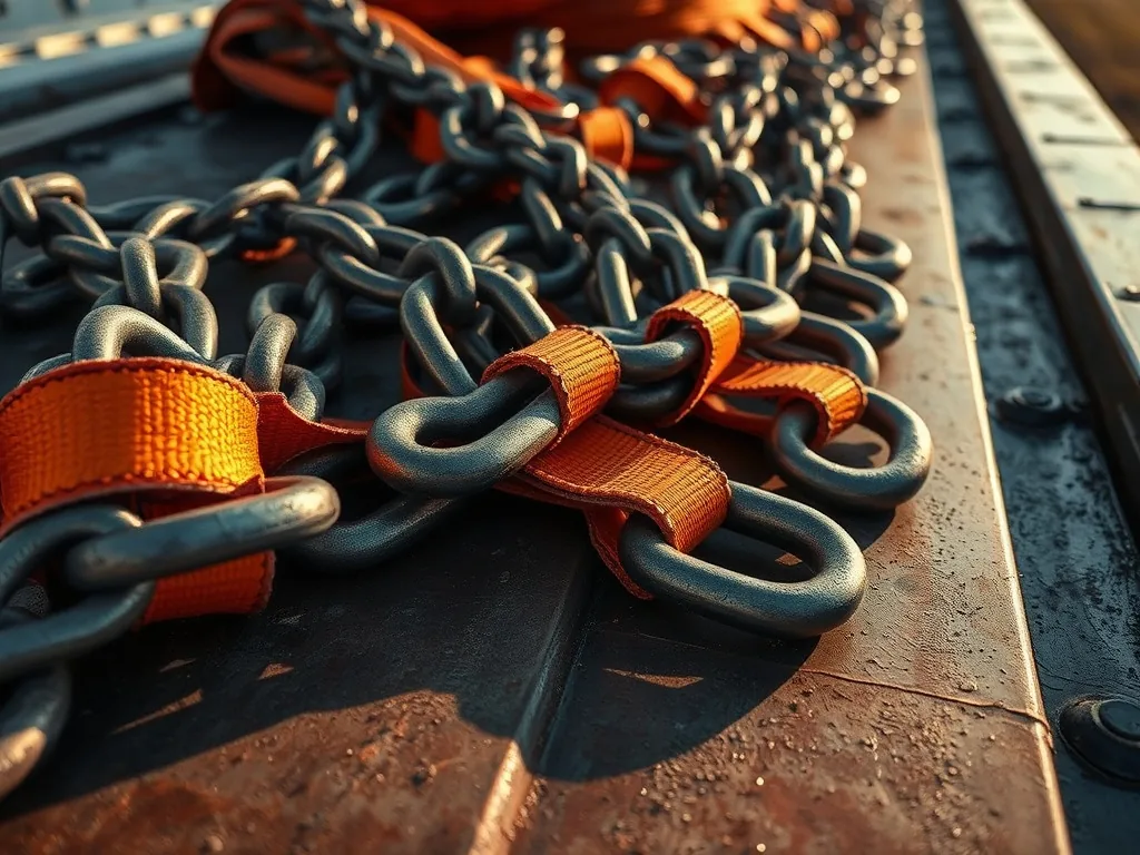 Heavy transport chains and ratchet straps coiled on a weathered flatbed deck
